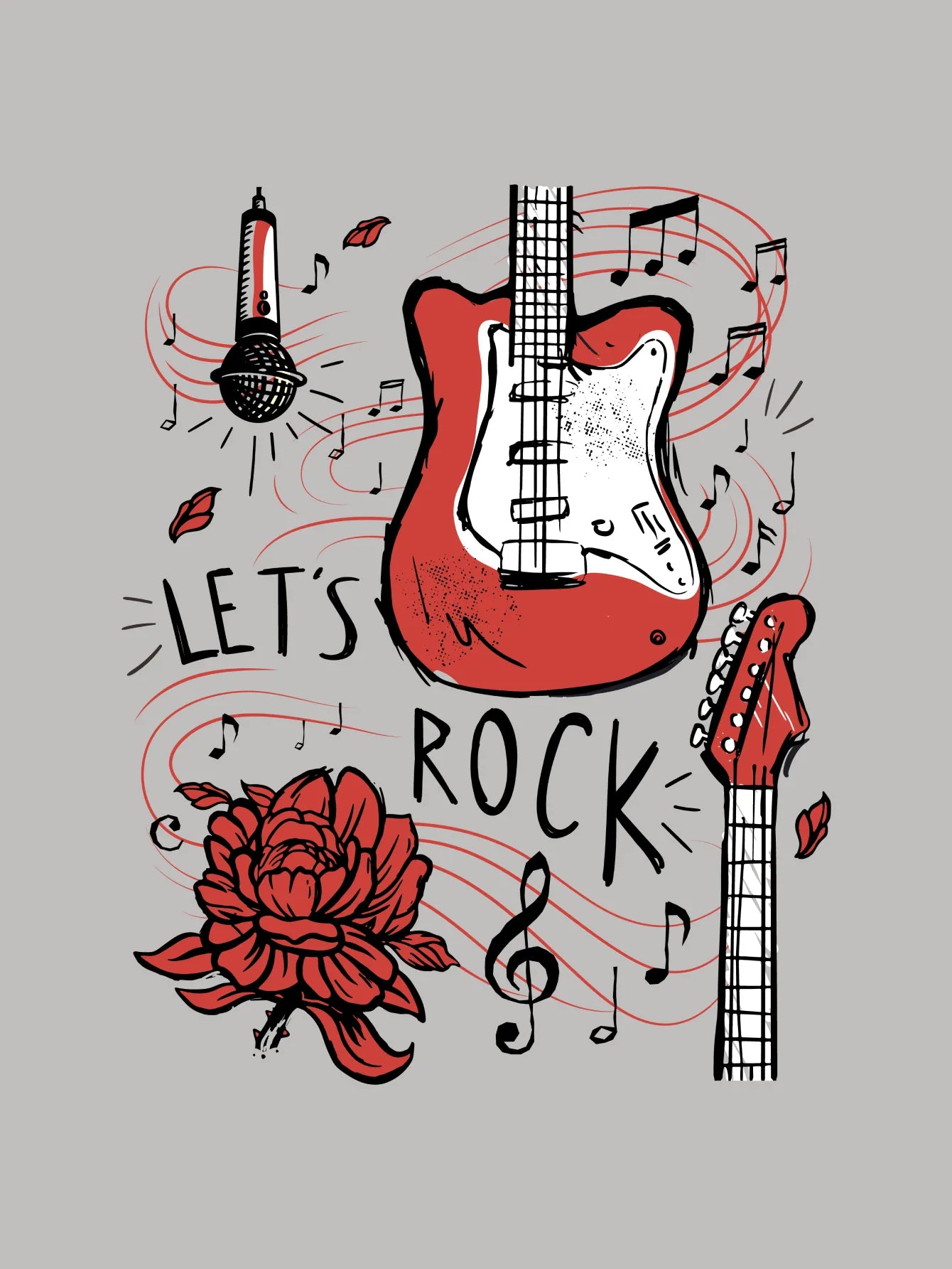An Electric Guitar, Microphone and Rose with The Quote