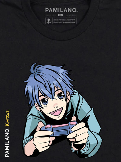 Anime Boy Gaming  round neck graphic tee